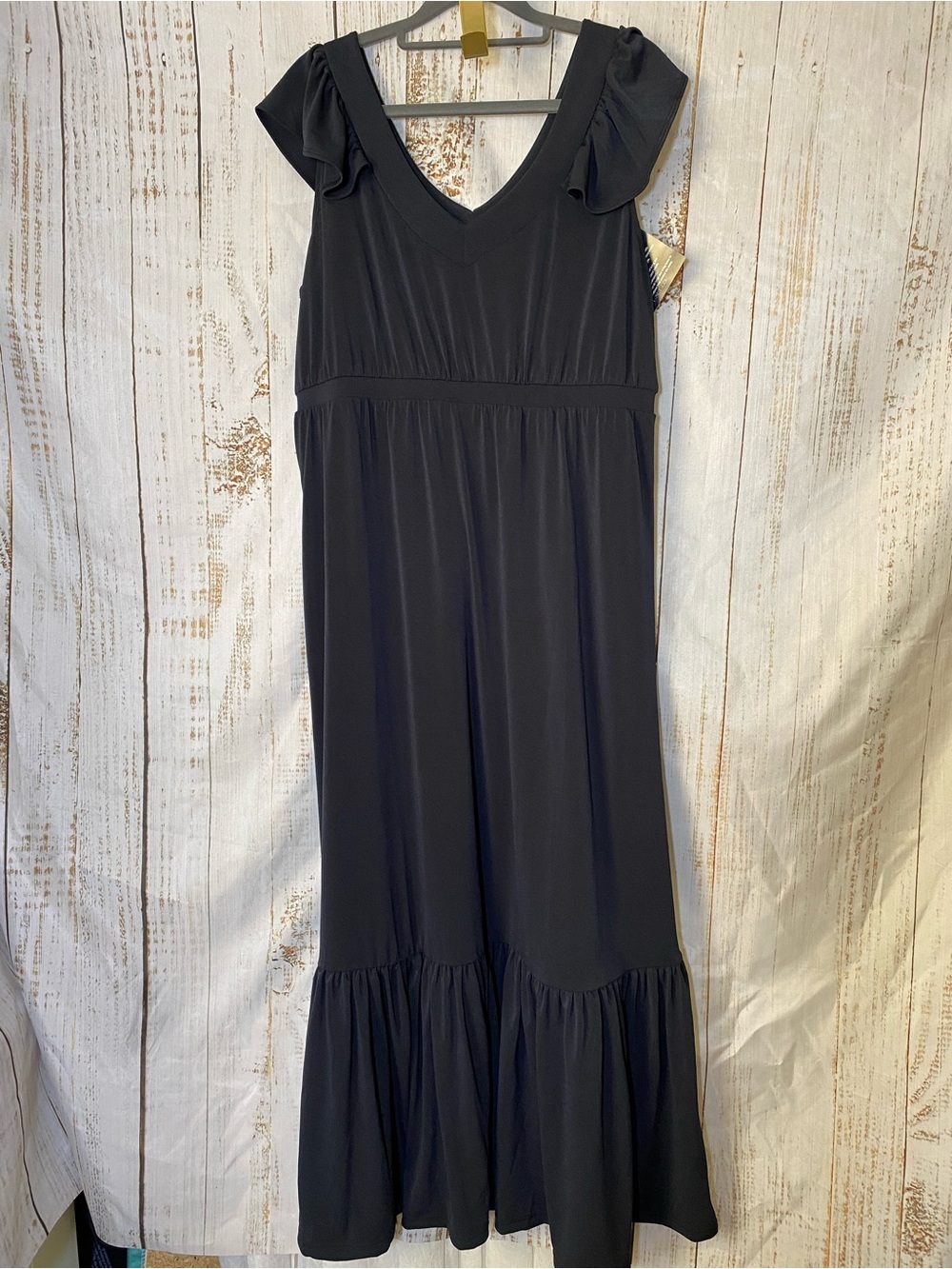 IMAN Black V-Neck Ruffle Sleeve Maxi Dress-LP